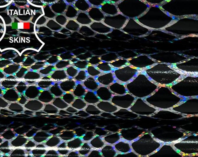 METALLIC HOLOGRAPHIC SNAKE Print On bLack Strong Italian Goat leather skin 5+sqf 0.8mm #C7547