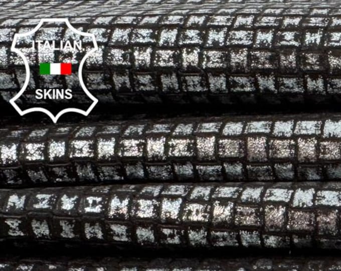 Delivered Duty paid - METALLIC SILVER DISTRESSED On Woven Print Brown Soft Italian Lamb leather skin 7sqf 0.8mm #Z370