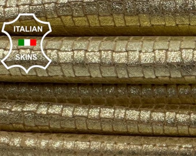 Delivered Duty paid - METALLIC GOLD DISTRESSED Printed Textured Vintage Look Italian Lamb leather pack 2 skins total 18sqf 1.1mm #Z449