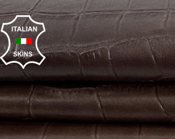 Delivered Duty paid - NATURAL BROWN CROCODILE Embossed OnVegetable Tan Thin Soft Italian Lamb leather skin 5+sqf 0.5mm #Z448