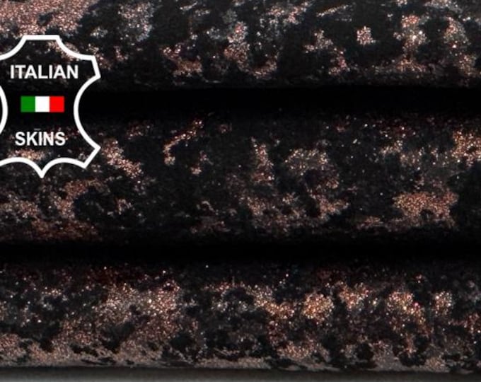 Delivered Duty paid - METALLIC COPPER ANTIQUED Glitter Distressed On Black Strong Italian Calf Leather skin 5+sqf 0.9mm #C7562