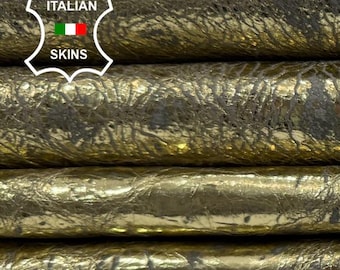 METALLIC GOLD CRINKLED Vintage Used Look Thin Italian Goatskin Goat leather pack 4 hides skins total 30sqf 0.6mm #C6542