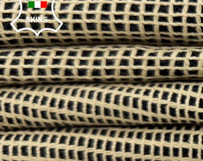 Delivered Duty Paid-BEIGE OPEN WEAVE Fabric Print On Cracked Black Double Face Italian Calf leather pack 2 skins total 12sqf 1.4mm #C6760