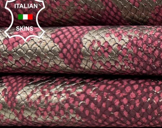 Delivered Duty Paid-METALLIC GUNMETAL Snake Print On Dark Pink Soft Italian Calf leather pack 2 skins total 12sqf 0.7mm #C6735