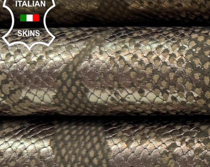 Delivered Duty Paid-METALLIC PLATINUM PYTHON Snake Print On Olive Italian Calfskin leather skin 9+sqf 0.8mm #C6675