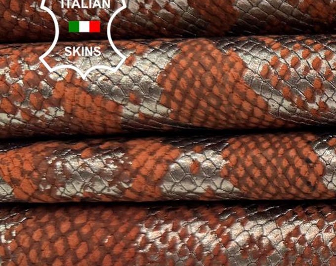Delivered Duty Paid-METALLIC GUNMETAL Snake Print On TERRACOTTA Thin Soft Italian Calf leather pack 2 skins total 15sqf 0.6mm #C6736