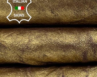 METALLIC GOLD WRINKLED Vintage Look Soft Italian Lambskin Sheep Lamb Leather hide hides skin skins 6sqf 0.9mm #C6216
