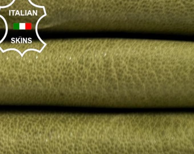 KHAKI GREEN ROUGH Vegetable Tan Vintage Look Thick Italian Goatskin Goat Leather hide hides skin skins 3sqf 1.2mm #C4910