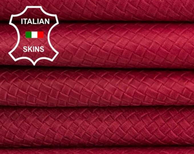Delivered Duty paid - RED WOVEN TEXTURED Embossed Vegetable Tan Economic Grade Italian Lamb leather pack 2 skins total 15sqf 0.9mm #Z343