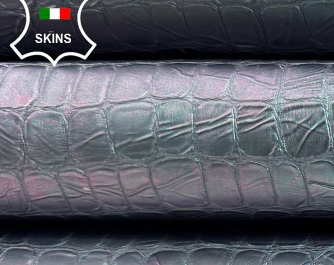 GREEN & PURPLE COATED Crinkled Crocodile Textured Print On Thick Italian Goatskin Goat Leather hide hides skin skins 6sqf 1.2mm #C6443