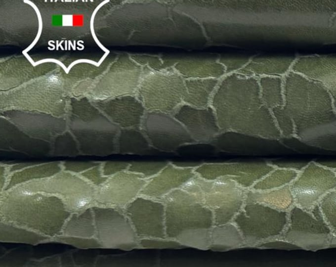 OLIVE GREEN DRY Mud Cracked Antiqued Vegetable Tan Italian Lambskin Sheep Lamb leather pack 2 hides skins total 12+sqf 1.0mm #C6103