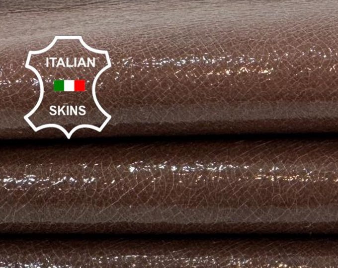 Delivered Duty paid - PATENT PINKISH BROWN Cracked Distressed Shiny Italian Goat leather skin 5sqf 1.0mm #Z233