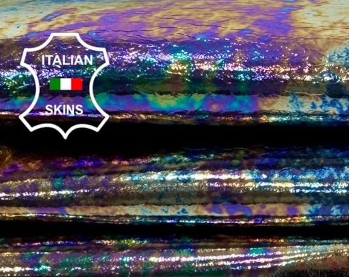 Delivered Duty paid - METALLIC GASOLINE CRINKLED Thin Italian Lamb leather skin 3+sqf 0.8mm #Z369
