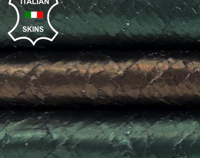 Delivered Duty Paid-METALLIC GREEN Distressed Cracked Soft Italian Calf leather skin 5+sqf 0.9mm #C6785