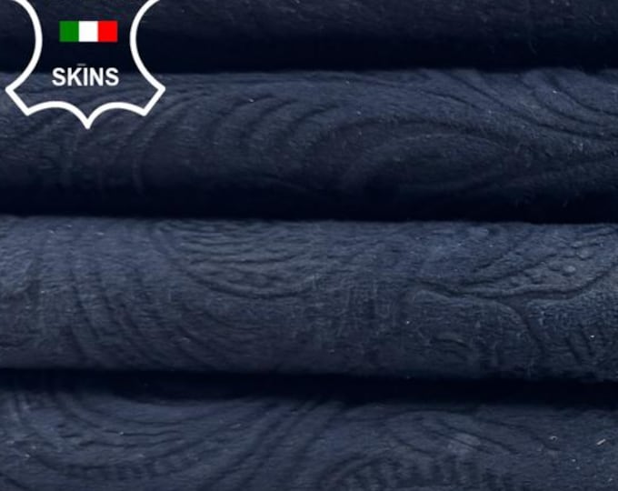DARK BLUE SUEDE Paisley Print On Shiny Italian Goatskin Goat Leather pack 2 hides skins total 8+sqf 0.8mm #C6255