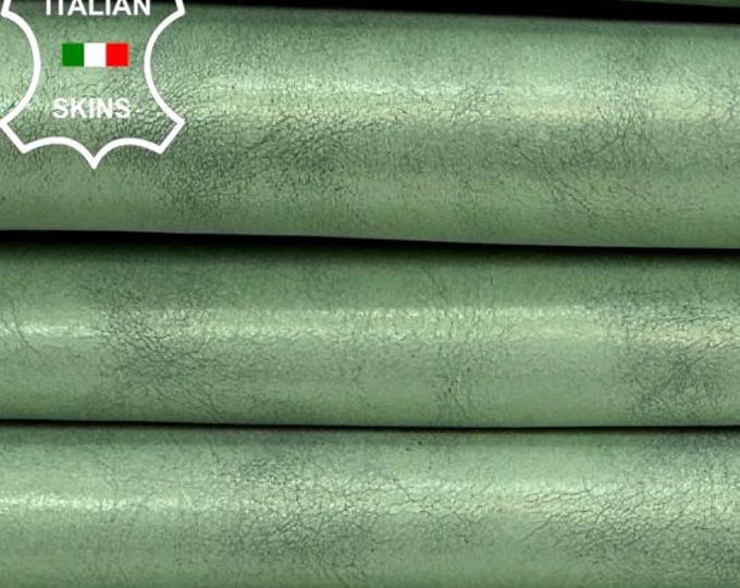 Delivered Duty paid - METALLIC MINT GREEN Cracked Vintage Look Thick Italian Goat leather pack 2 skins total 12sqf 1.1mm #C7624