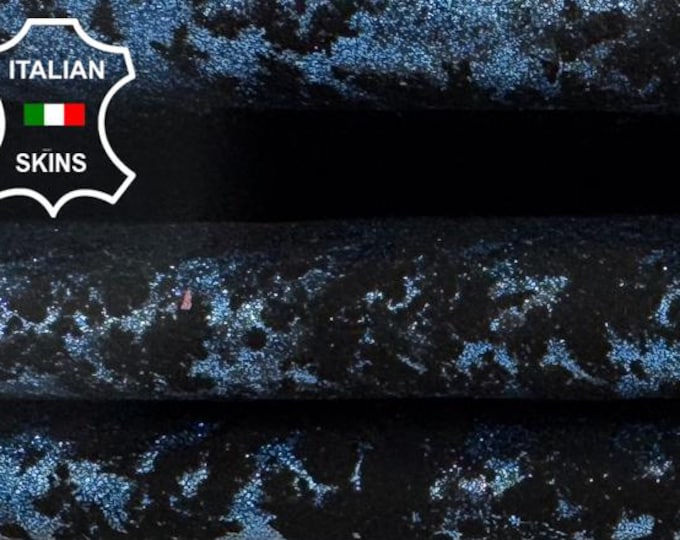 Delivered Duty paid - METALLIC BLUE GLITTER Distressed On Black Strong Italian Calf Leather 6sqf 0.9mm #C7559
