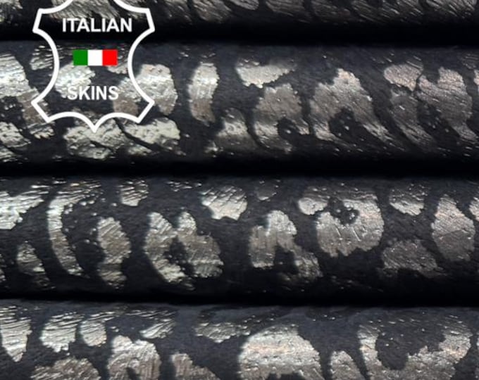 Delivered Duty Paid-METALLIC SILVER LEOPARD Print Antiqued On Italian Calf Cow leather pack 3 skins total 22sqf 0.9mm #C6644