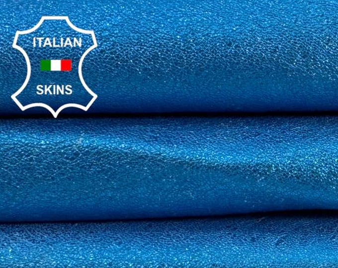 Delivered Duty paid - METALLIC AZURE BLUE Washed Vintage Look Rough Thick Italian Goat leather skin 6+sqf 1.2mm #C7585