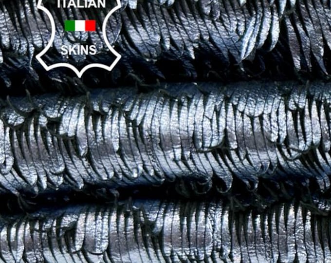 METALLIC LIGHT BLUE Fringes On Black Vegetable Tan Thick Soft Italian Lambskin Sheep Lamb leather hide hides skin skins 6sqf 1.9mm #C5074