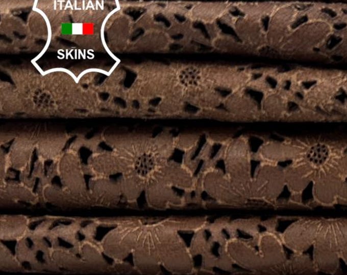 WASHED BROWN FLOWERS Laser Engraved Vegetable Tan Thick Soft Italian Lambskin Sheep Lamb leather pack 2 hides skins total 5sqf 1.1mm #C5040