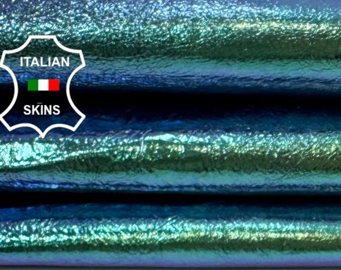 Delivered Duty paid - METALLIC TEAL GREEN Holographic Distressed Vintage Look Thin Soft Italian Lamb leather skin 5sqf 0.6mm #Z336