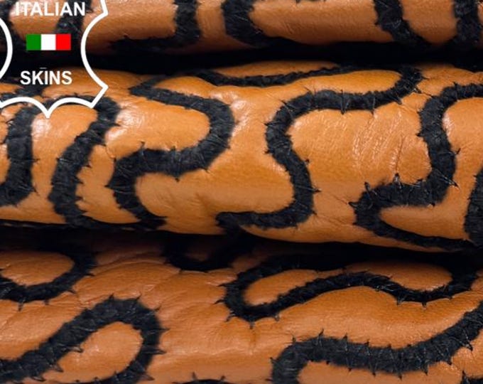 Delivered Duty Paid-BLACK EMBROIDERED On TAN Thin Soft Italian Lamb leather pack 2 skins total 6sqf 0.3mm #C6827