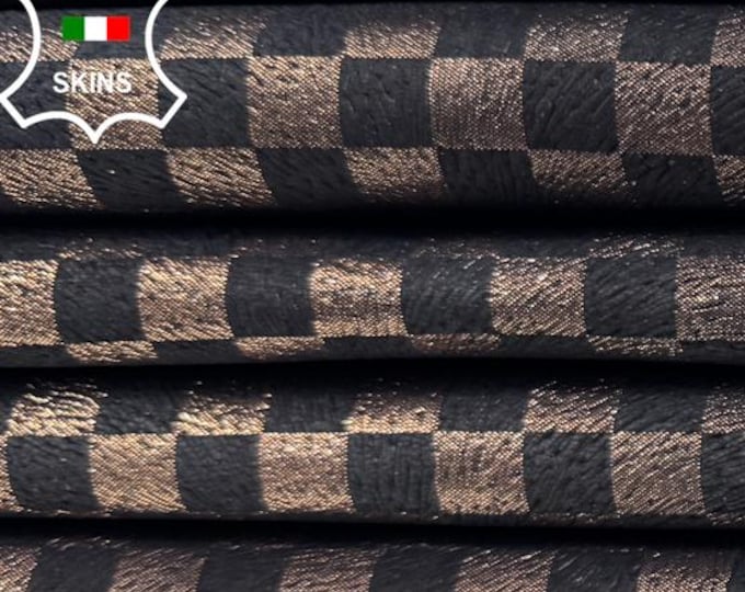 Delivered Duty Paid-METALLIC ROSE GOLD Antiqued Damier Print On Black Calf Cow leather pack 3 skins total 20sqf 0.8mm #C6648