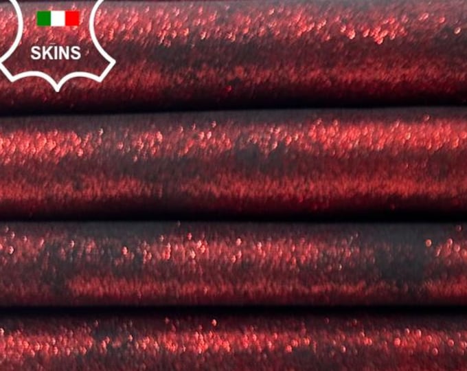 METALLIC RED SHIMMER Cracked Distressed On Black Thick Soft Italian Lambskin Sheep Lamb leather pack 3 hides skins total 15+sqf 1.1mm #C5771