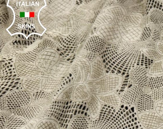 BEIGE SUEDE FLOWERS Laser Engraved Soft Italian Lambskin Sheep Lamb leather pack 6 hides skins total 30sqf 0.8mm #C5045