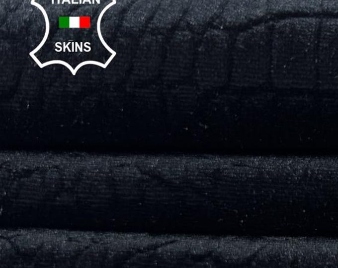 Delivered Duty Paid-BLACK VELVET CROCODILE Print On Petrol Grey Soft Italian Lamb leather skin 4+sqf 0.9mm #C6832