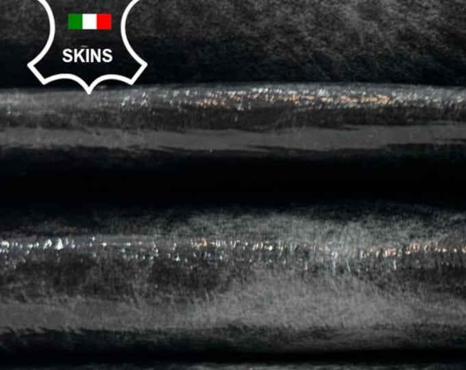 PATENT ANTHRACITE SHINY Vintage Look Crinkled Italian Lambskin Sheep Lamb leather pack 2 hides skins total 9+sqf 1.0mm #C5956