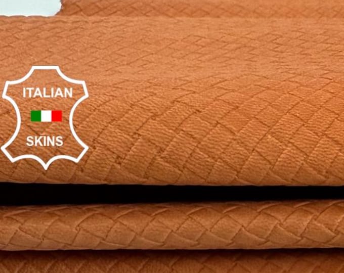Delivered Duty paid - ORANGE WOVEN TEXTURED Embossed Vegetable Tan Italian Goat leather skin 6sqf 0.9mm #Z365