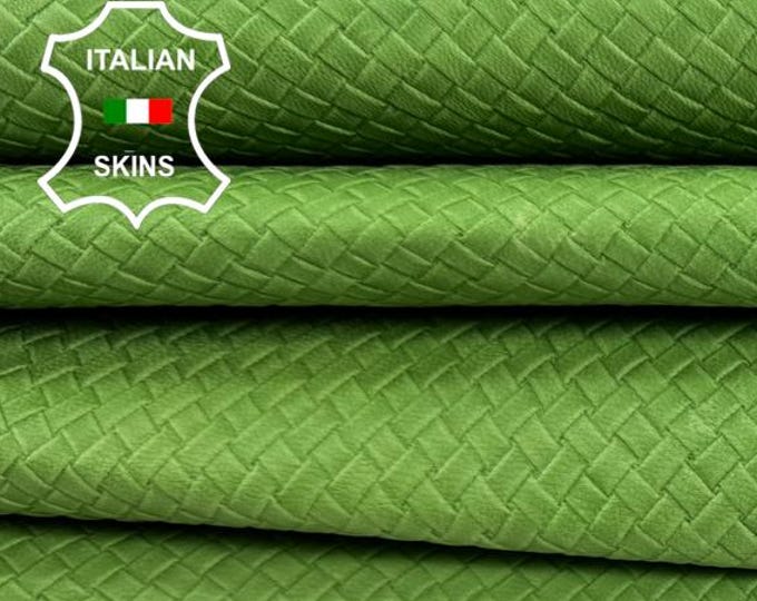 Delivered Duty paid - NATURAL LIME GREEN Woven Textured Embossed Vegetable Tan Italian Goat leather pack 2 skins total 10sqf 0.9mm #Z409