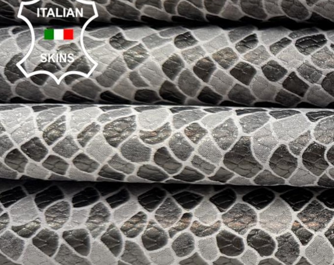 Delivered Duty Paid-METALLIC GUNMETAL ANTIQUED Snake Scales Print On White Calf Cow leather pack 2 skins total 16sqf 0.9mm #C6658