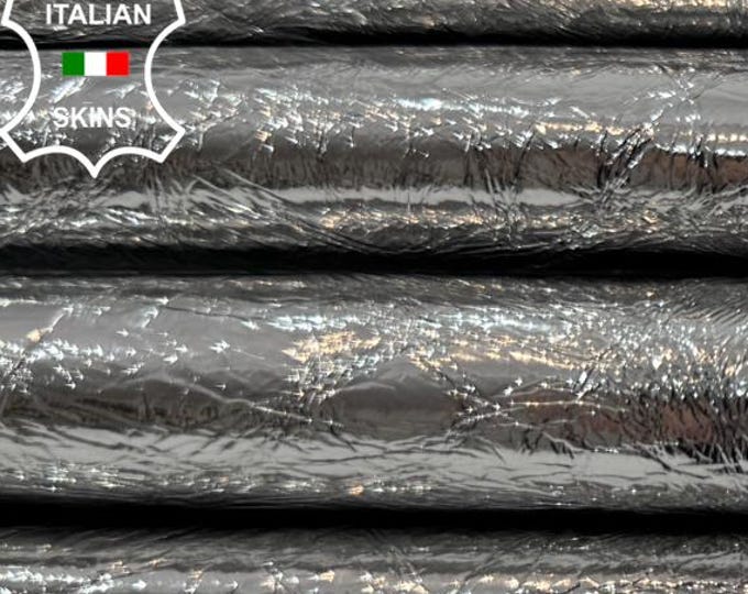 Delivered Duty Paid-METALLIC SILVER CRINKLED Shiny Italian Lambskin leather pack 2 skins total 7+sqf 0.8mm #C6492