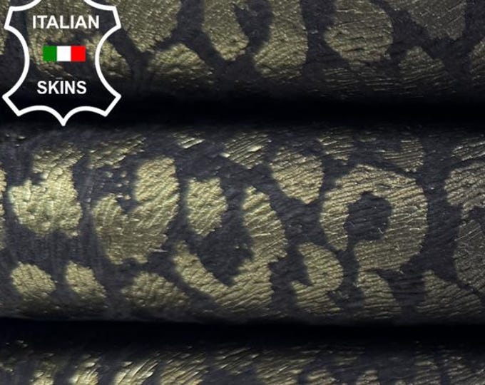 Delivered Duty Paid-METALLIC OLIVE GREEN Leopard Print On Black Antiqued Italian Calfskin Cow leather skin 8sqf 0.8mm #C6646
