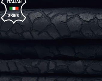 BLACK Dry Mud Cracked Naturally Textured Thick Italian Lambskin Sheep Lamb leather pack 2 hides skins total 12+sqf 1.5mm #C5306