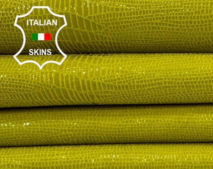 Delivered Duty paid - LIME YELLOW TEJUS Reptile Print Shiny On Soft Italian Goat leather pack 2 skins total 6+sqf 0.7mm #Z350