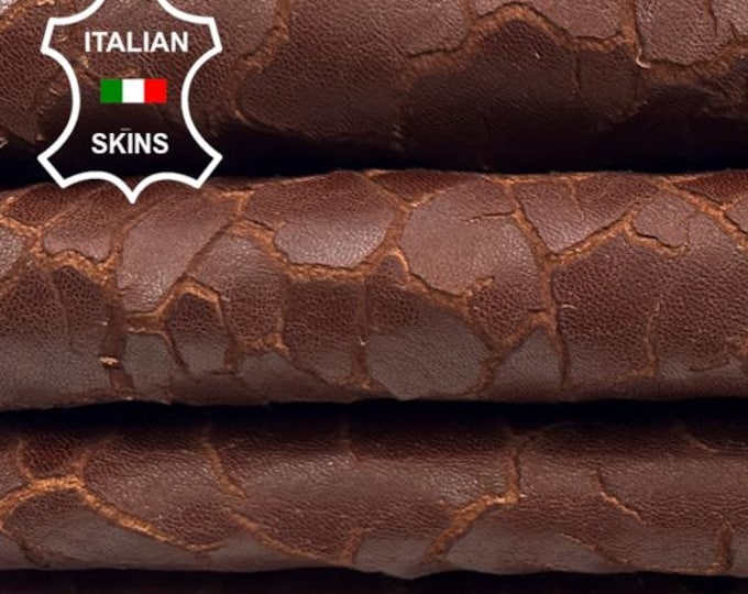 COGNAC BURNT BROWN Dry Mud Cracked Naturally Textured Thick Italian Lambskin Sheep Lamb leather pack 2 hides skins total 12+sqf 1.2mm #C5305