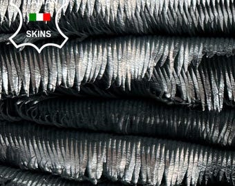 METALLIC SILVER FRINGED On Black Thick Soft Italian Lambskin Sheep Lamb leather pack 2 hides skins total 12+sqf 1.2mm #C5575