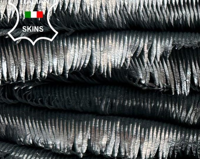 METALLIC SILVER FRINGED On Black Thick Soft Italian Lambskin Sheep Lamb leather pack 2 hides skins total 12+sqf 1.2mm #C5575