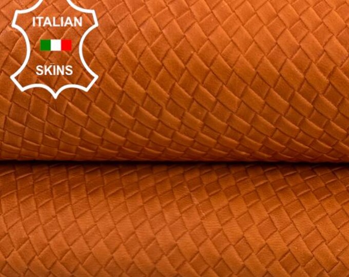 Delivered Duty paid - ORANGE WOVEN TEXTURED Embossed Italian Lamb leather skin 5sqf 0.7mm #Z344