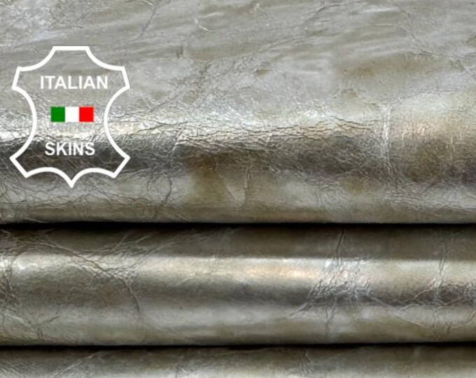 Delivered Duty paid - METALLIC PLATINUM DISTRESSED Crinkled Italian Calf leather skin 8sqf 0.7mm #Z339