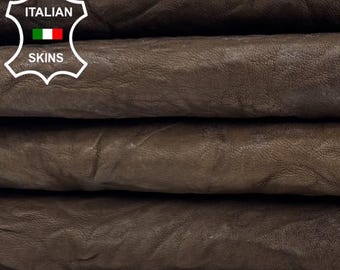 Delivered Duty Paid-OLIVE BROWN WRINKLED Washed Double Face Vegetable Tan Thick Italian Goat leather pack 2 skins total 9sqf 1.3mm #C6879