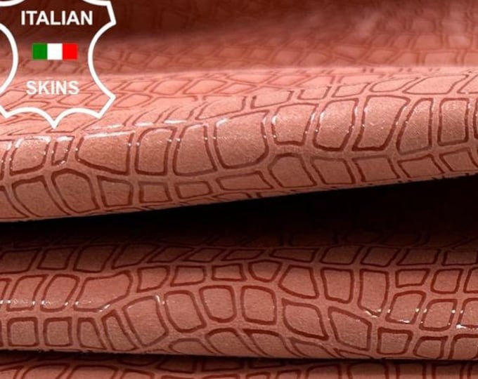SALMON SHINY CROCODILE Print On Italian Goatskin Goat Leather hide hides skin skins 4+sqf 0.7mm #C2535