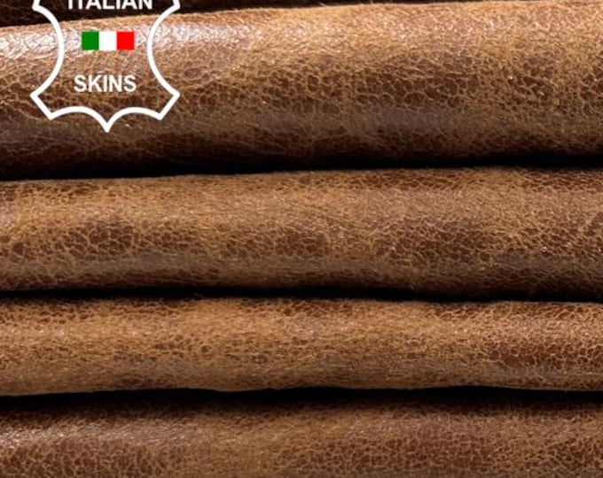 BROWN CRACKED Vintage Look Soft Italian Lambskin Sheep Lamb leather pack 2 hides skins total 11+sqf 0.9mm #C5310