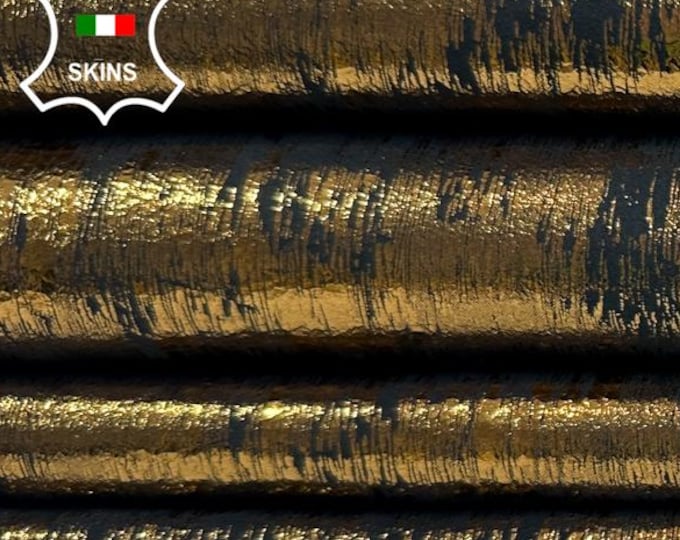 METALLIC BRASS CRACKED On Black Soft Italian Lambskin Sheep Lamb leather hide hides skin skins 7sqf 0.7mm #C3984