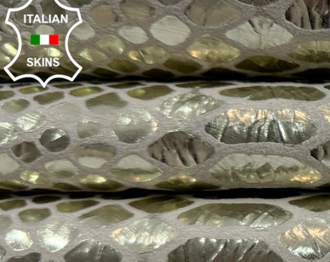 Delivered Duty Paid-METALLIC LIGHT GOLD Snake Print On Thick Italian Calfskin Cow leather skin 7+sqf 1.1mm #C6680