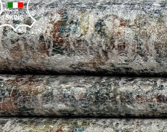 METALLIC TEAL,COPPER,Silver Print Distressed  Vintage Look Thin Soft Italian Lambskin Sheep Leather hide hides skin skins 5+sqf 0.6mm #C2037